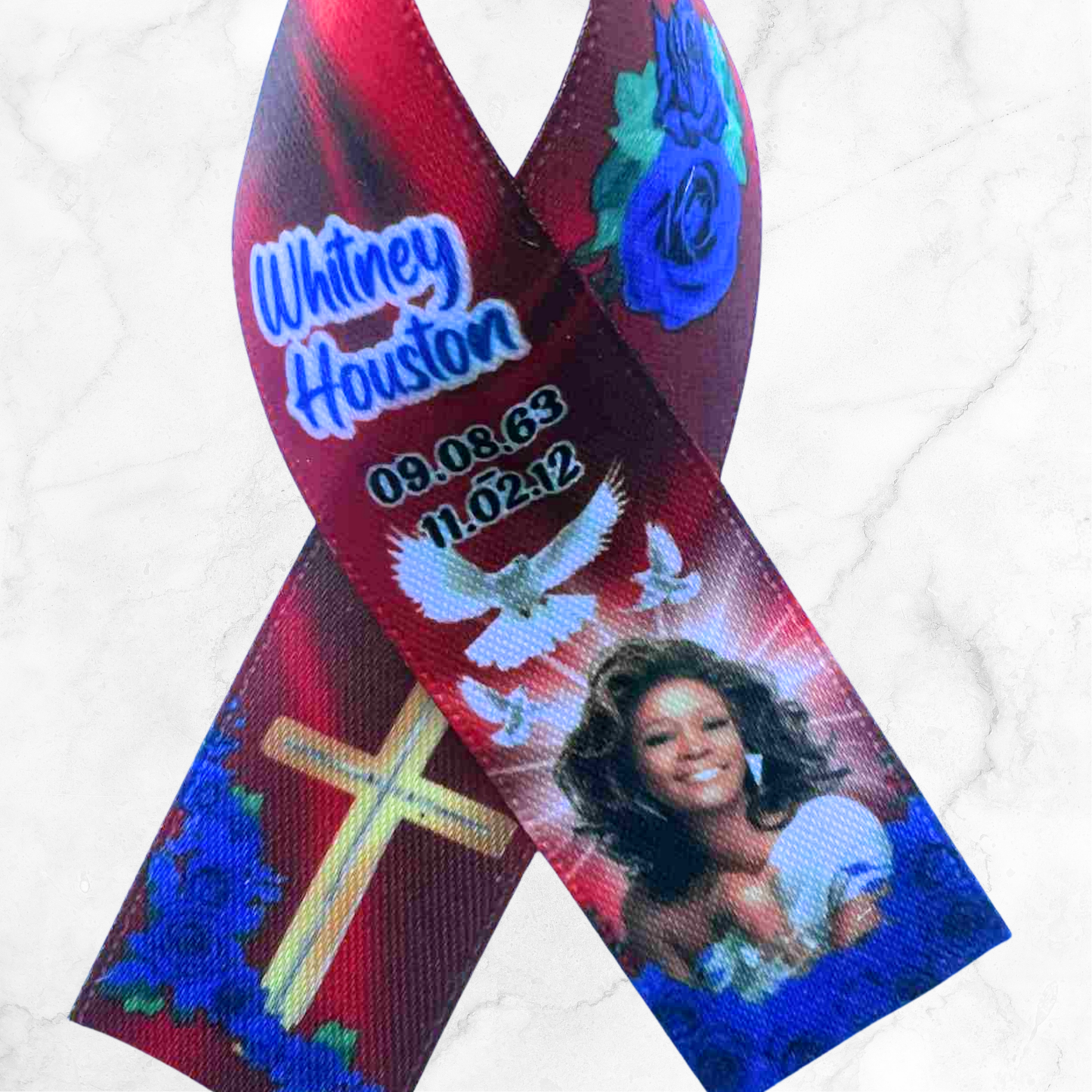 Personalised Memorial Ribbon – Custom Tribute Keepsake Whitney Red Blue Roses