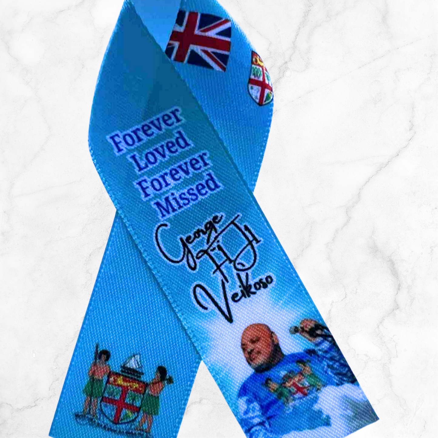 Personalised Memorial Ribbon – Custom Tribute Keepsake F1J1 Fiji crest + flag
