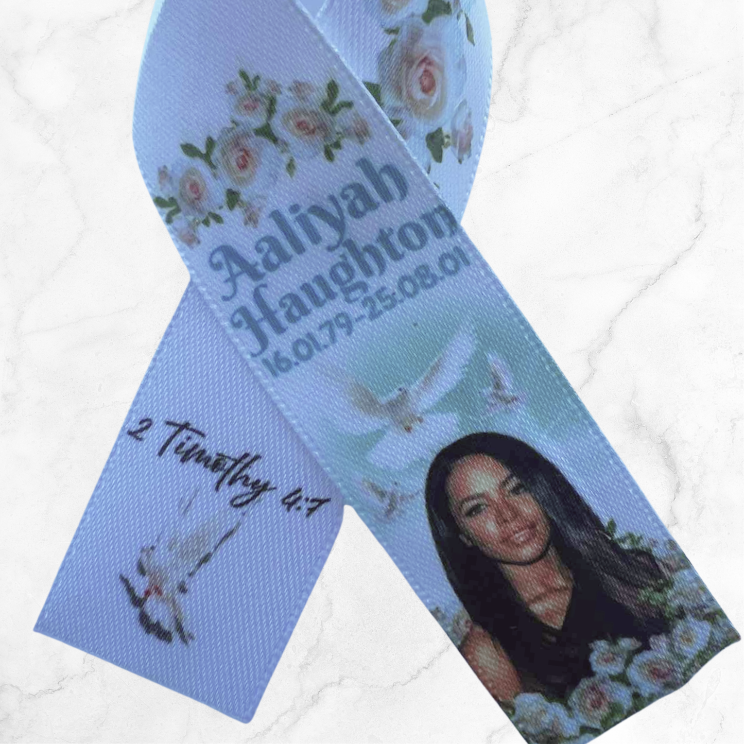 Personalised Memorial Ribbon – Custom Tribute Keepsake Aaliyah white doves + green