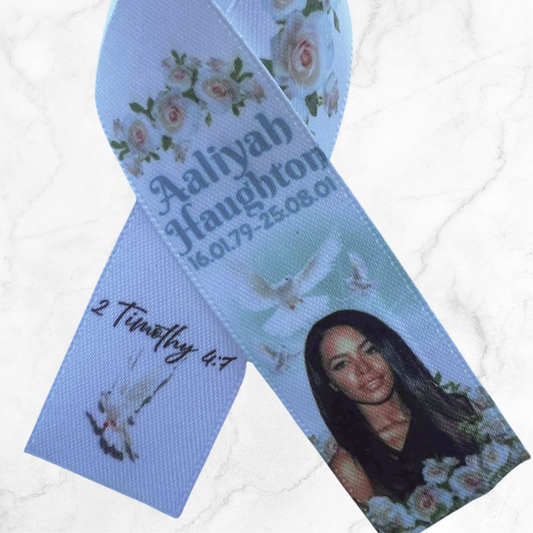 Personalised Memorial Ribbon β Custom Tribute Keepsake Aaliyah white doves + green