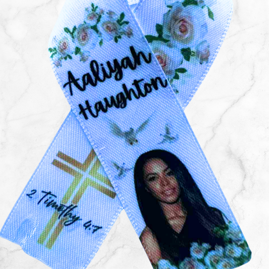 Personalised Memorial Ribbon – Custom Tribute Keepsake Aaliyah white + cross