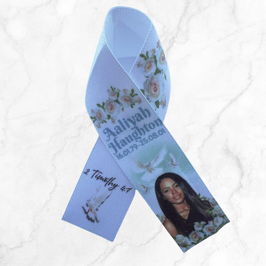 Personalised Memorial Ribbon – Custom Tribute Keepsake Aaliyah white doves + green