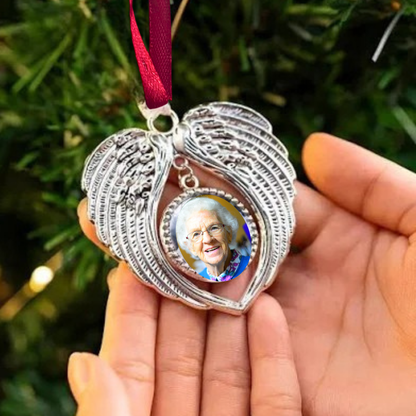 Custom Personalised Angel Wings Christmas ornament Photo Memorial Pendant for Christmas red ribbon