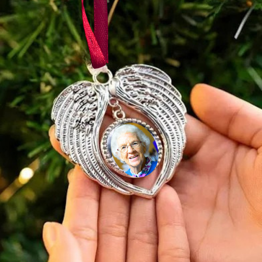 Custom Personalised Angel Wings Christmas ornament Photo Memorial Pendant for Christmas red ribbon