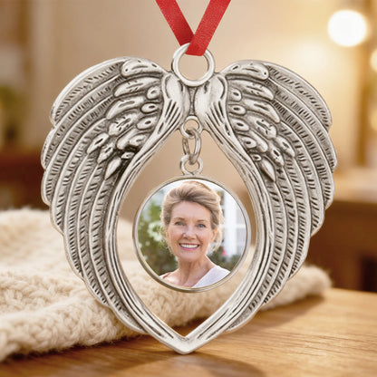 Custom Personalised Angel Wings Christmas ornament Photo Memorial Pendant for Christmas red ribbon