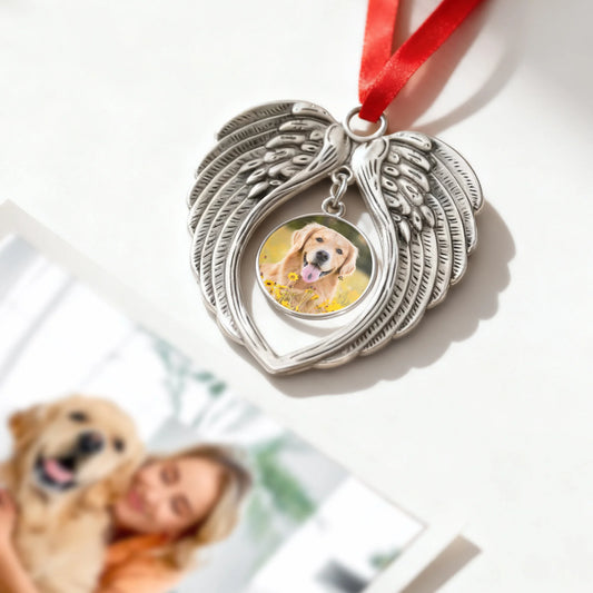 Custom Personalised Angel Wings Christmas ornament Photo Memorial Pendant for Christmas red ribbon
